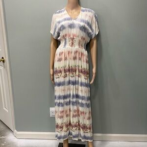 Gypsies & Moondust Boho Tie-Dye Maxi Dress in Blue, Cream & Pink size large